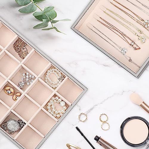 Voova Stackable Jewelry Organizer Tray with Lid (Set of 4, Gray) | Stackable PU leather jewelry trays with drawer inserts for earrings, rings, necklaces, bracelets and watches; set of 4 - color: Grey