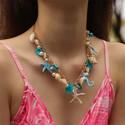 JNF Cute Shell Conch Boho Charm Necklace for Women Sun Moon Star Coin Heart Flower Boot Bow Charms Necklaces Summer Beach Jewelry - color: beachy sea shell conch blue