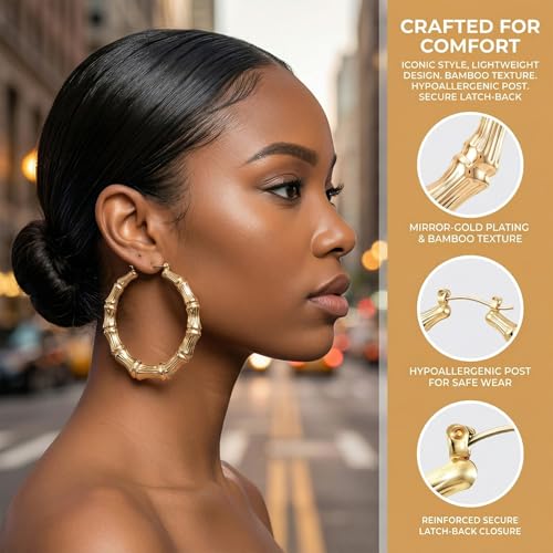 PAGOW 3 Pairs Large Bamboo Earrings, 14K Gold Plated Hoop Bamboo Earrings | Round Hoop Y2K Earrings, Hypoallergenic 80s 90s Shiny Hip Hop Earring Hoops for Women Jewelry Party - 3 Sizes - color: gold,hoop 3 sizes