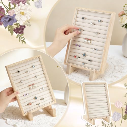 PH PandaHall Rings Display Stand Tray, 13 Slots Wooden Earring Storage Holder Velvet Jewelry Display Rack Ring Organizer for Jewelry Retail Display Selling Home Show Storage, 9.8x7.1 inch