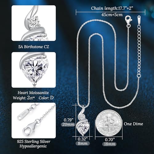 ANDSO Heart Moissanite Necklaces Birthday Jewelry Gifts for Women | S925 Silver /Gold Plating Birthstone Necklace, Ideal Anniversary Christmas Valentine Present for Mom Wife Her Girlfriend - style: Silver-2 Carat