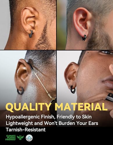 ChainsHouse Stud Earrings for Men Women,316L Stainless Steel/14K Gold/Black Plated Metal, Punk Hypoallergenic Surgical Huggie Hoop Earrings Mens Jewelry Piercing Hoop Earrings - style: F: Black-Different Disign(4 Pairs)