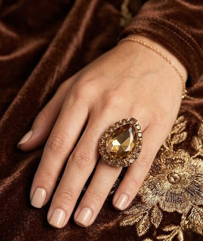 NYFASHION101 Radiant Teardrop Stone Adjustable Cocktail Statement Ring - color: Brown/Gold-Tone