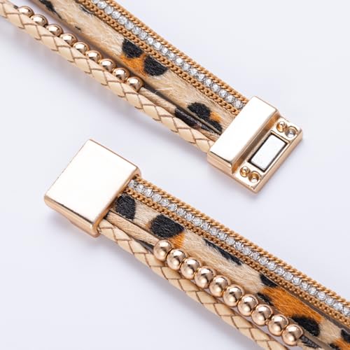Chunky Boho Leather Wrap Bracelets Cowgirl Beaded Circle Western Jewelry | Stackable Infinity Layered Bohemian Magnetic Clasp Cuff Statement Fashion Colorful Country Hippie Outfits for Women Trendy - color: Leopard