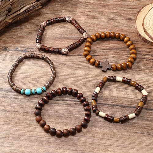 Wooden Beads Stretch Bracelet Multi-Layered Stretch Bracelet for Women Men Elastic Bracelet 5pcs - color: A-02