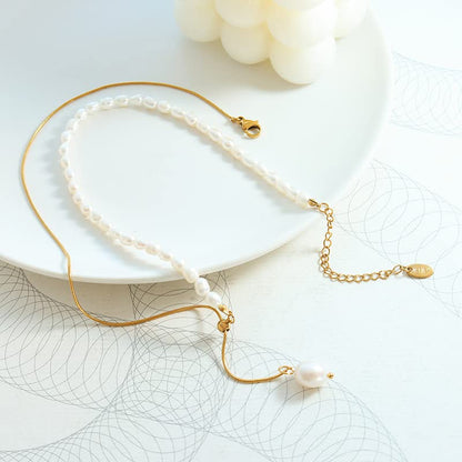 14K Gold Pearl Pendant Necklace, Freshwater Pearl Y-shaped Necklace, Women's Day, Birthday Gift for Wife, Girlfriend - color: style one
