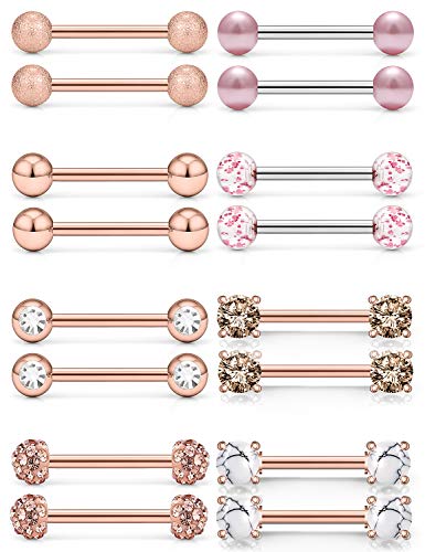SCERRING 14G Nipple Rings Stainless Steel Nipplerings Tongue Straight Barbell Rings Body Piercing Jewelry for Women Men 9/16Inch 8 Pairs - color: 8 Pairs - Rose Gold