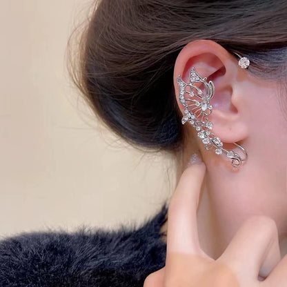 2Pcs Butterfly Ear Cuffs Rhinestone Clip On Earrings | Rhinestone butterfly ear cuffs with non piercing clip on design; silver ear wrap climber jewelry for parties and weddings - style: Style A Silver