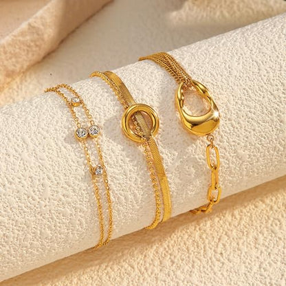 CTRLZTEAM 14K 18K Gold Plated Layered Bracelets for Women Stacked Bracelet | 14K 18K gold plated multi layer bracelets combine distinct chains with single clasp for instant pre-stacked style - style: Double Layer Zirconia Bezel Chain