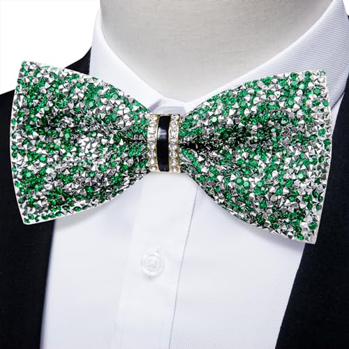 DiBanGu Mens Rhinestone Bow Tie with Ring and Lapel Pin Set | Adjustable Strap,Pre-tied Style,3PCS,Sequin Diamond Bowties，Solid/Mix Color,Shiny Accessory,for Party Prom Banquet Wedding - color: Green and Silver