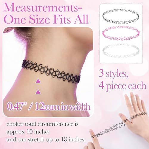 PAGOW Tattoo Choker Set, Stretchy 90s Choker Necklace, Adjustable Retro Y2K Gothic Grunge Chokers Jewelry Accessories - color: Black,Clear,Pink,12Pcs