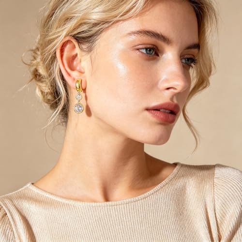 Gold Dangle Earrings for Women 14K Gold Plated Chunky Huggie Hoops Drop Earring Trendy Cubic Zirconia Diamond Crystal Round Teardrop Heart Charm Hypoallergenic Statement Jewelry Gifts - color: gold