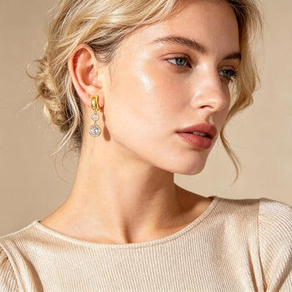 Gold Dangle Earrings for Women 14K Gold Plated Chunky Huggie Hoops Drop Earring Trendy Cubic Zirconia Diamond Crystal Round Teardrop Heart Charm Hypoallergenic Statement Jewelry Gifts - color: gold