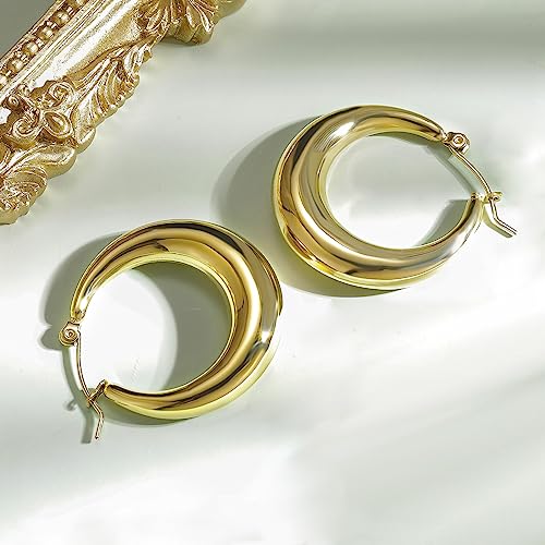 316L Chunky Stainless Steel Hoop Earrings, Fashionable Lightweight Hollow Open Hoops, Hypoallergenic Whtie Gold Plated Pipe Earrings for Women - style: 30mm, Yellow Gold