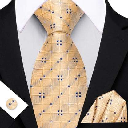 YOHOWA Men Plaid/Striped Ties Clip Set Silk Necktie Pocket Square Cufflinks | Woven Classic,Formal/Casual Mens Tie,Pocket Square Cufflinks Set,Luxury,Business,Wedding,Party,Prom,Graduation - color: Champagne