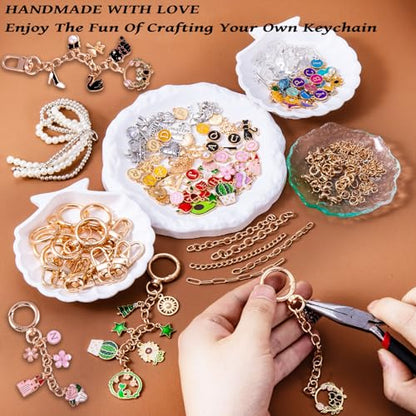 Wurosi 325PCS Charms Lip Gloss Keychain Making Kit, DIY Bag Charm Kit | Included 20 Keychain Clips 25 Extender Chain 118 Charms Jewelry Plier, Keychain Making Supplies for Jewelry Making,Xmas Gifts - color: 325 Pcs Gold Keychain Kits