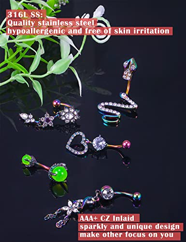Prjndjw Belly Button Dangle 14G Surgical Steel Rings Pregnancy Snakes Glow CZ Heart Silver 11pcs Piercing Kit - color: Purple Belly button ring