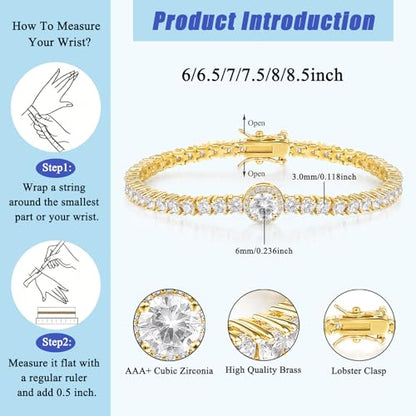 18K Gold Plated 3.0mm Bracelet Classic Hypoallergenic Cubic Zirconia Tennis Bracelet for Women 6.5-8.5 Inch - color: Gold, size: 7.5inch