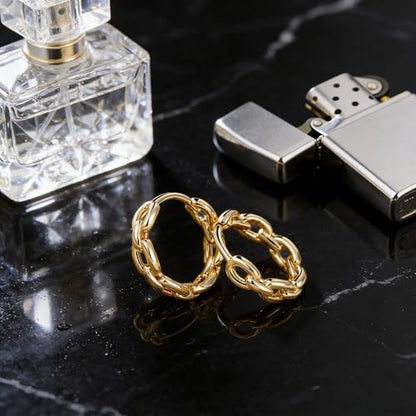 Dremmy Studios Dainty CZ Huggie Hoop Earrings 14K Gold Plated Chunky Simple Cute Thick Round Frill Bead Ball Starburst Cuff Earrings Cubic Zirconia Hoop Earrings Minimalist Personalized Gift for Her - color: Chain B