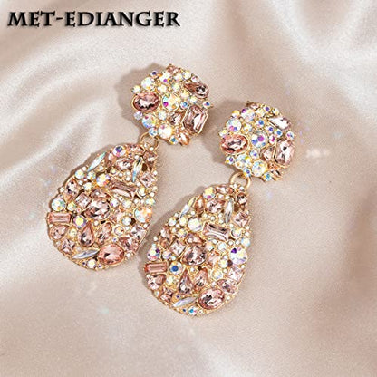 Rhinestone Statement Earrings Teardrop Costume Earrings Cluster Crystal Chandelier Drop Dangle Earrings for Women - color: Pink