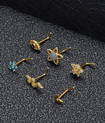 Akeoqi 12Pcs Nose Rings Stud L Shape Nose Rings Cubic Zirconia Butterfly Flower Eye Moon Crown Heart Lightning Shape Nose Studs Piercing Jewelry for Women Men Silver Gold Plated 20G - style: F:Snake&Gold