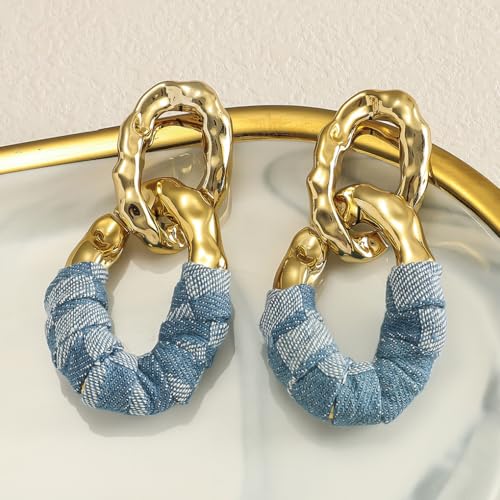 Chunky Gold Acrylic Chain Statement Earrings for Women,Exaggerated Thick Chain Artificial Leather Wrap Dangle Earrings Trendy Geometric Ear Jewelry - color: Denim