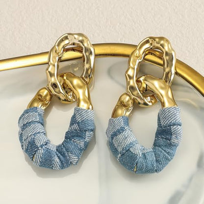 Chunky Gold Acrylic Chain Statement Earrings for Women,Exaggerated Thick Chain Artificial Leather Wrap Dangle Earrings Trendy Geometric Ear Jewelry - color: Denim