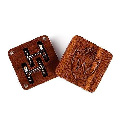 Mens Initial Silver Cufflinks A-Z Alphabet Letter Steel Cuff Links with Engraved Walnut Wood Box Groom Groomsman Wedding Set… - style: W