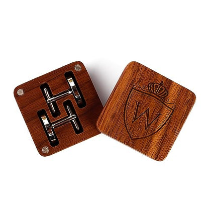 Mens Initial Silver Cufflinks A-Z Alphabet Letter Steel Cuff Links with Engraved Walnut Wood Box Groom Groomsman Wedding Set… - style: W