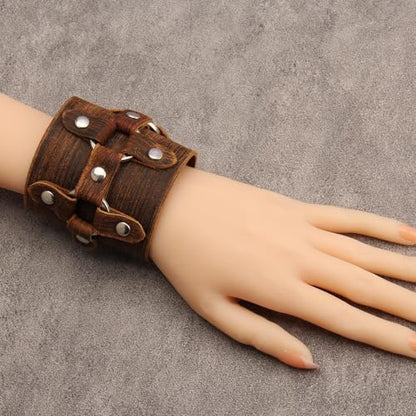 JAOYU Punk Leather Cuff Bracelet Goth Leather Wristband Rock Bracelet Biker Bracelet for Men Leather Armband Black Handmade Jewelry - color: Leather Cuff Bracelet Brown