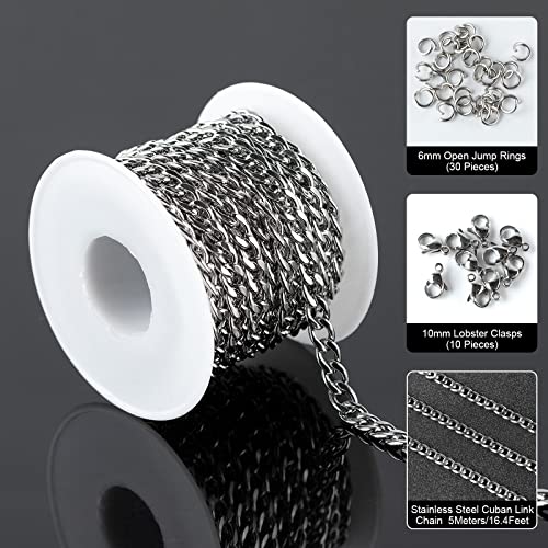16.4 Feet Stainless Steel Curb Chains 5mm Silver Twisted Links Necklace Chain Bulk Spool with Open Jump Rings Lobster Clasps for Women DLY Bracelet Jewelry Making - color: Twist_7.5x5mm