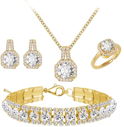 Paxuan 4pcs Cubic Zirconia Wedding Jewelry Sets for Bride Bridesmaid Cubic Zirconia Pendant Necklace Earrings Link Tennis Bracelet Open Ring Set for Women - color: Gold Plated White Cubic Zirconia