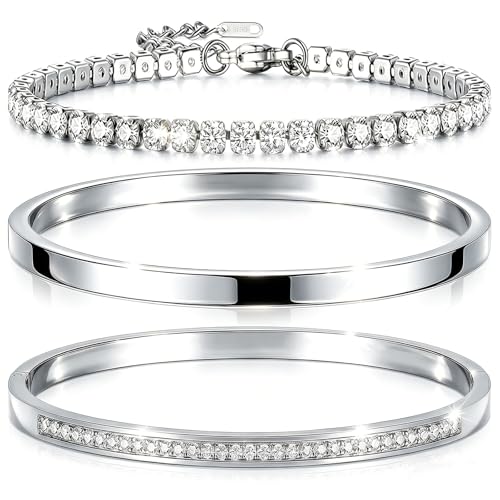 Camhanno Stackable Silver Bracelets for Women Stainless Steel Love & Friendship Bangle, Mothers Day Valentines Birthday Christmas Jewelry Gifts for Mom Her Wife Grandma - style: Silver Bracelet Stack 3pcs