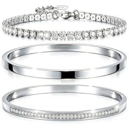 Camhanno Stackable Silver Bracelets for Women Stainless Steel Love & Friendship Bangle, Mothers Day Valentines Birthday Christmas Jewelry Gifts for Mom Her Wife Grandma - style: Silver Bracelet Stack 3pcs