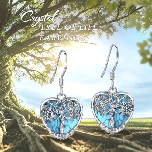 AEONSLOVE Tree of Life Crystal Earrings with Sterling Silver Ear Hooks, Dangle Drop Tree Earrings Gifts for Women - style: A01-Turquoise-Heart