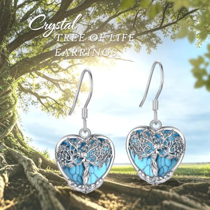 AEONSLOVE Tree of Life Crystal Earrings with Sterling Silver Ear Hooks, Dangle Drop Tree Earrings Gifts for Women - style: A01-Turquoise-Heart
