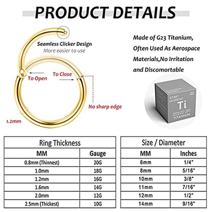 LOYALLOOK 8Pcs G23 Titanium Hinged Clicker Segment Nose Rings Hoop Septum Nose Lip Ring Hoop for Women Men Helix Cartilage Daith Tragus Sleeper Earrings Body Piercing Improved 16G - color: 16G-Gold