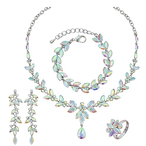CSY Elegant Bridal Jewelry Sets Wedding Prom Homecoming Gown Accessories | Austrian Marquise Crystal Wedding Necklace Dangle Earrings Tennis Bracelet Ring Set for Bride Women Costume Accessories - color: Iridescent AB Crystal - Silver tone
