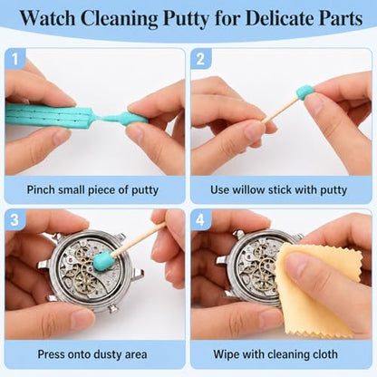 8 Pcs Watch Cleaning Kit includes Watch Cleaning Putty, Movement Cover, Waterproof Gasket Paste, Case Open Ball, Air Blower Blaster, Cushion Repair Tools for Watchmaker Watches & Jewelry Care Repair