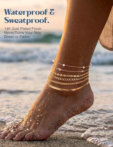 Subiceto Ankle Bracelets for Women Waterproof - 14K Gold Plated Non Tarnish Anklets Set Dainty Stainless Steel Stackable Layered for Beach Summer Jewelry Adjustable - color: 6Pcs-14K Gold Plated