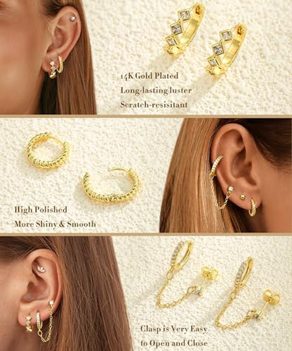 3 Pairs Dangle Hoop Chain Earrings Stacks for Women Trendy Huggie Earring | Non-Tarnish 5A CZ Stones Hoops Earrings Set for Multiple Piercing - style: 14K Gold Plated-Hoop Dangle