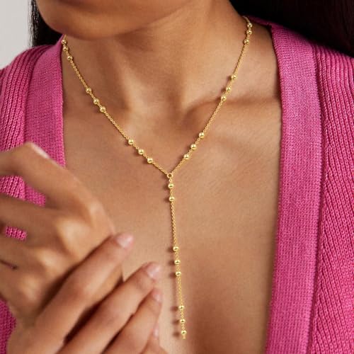 14K Gold Plated Layered Lariat Necklace for Women - Waterproof Non-Tarnish Dainty Gold Chain Necklace, Long Boho Statement Jewelry for Wedding, Prom, Summer Vacation Gifts - color: Beads Y Necklace-Gold