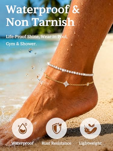 2 PCS Anklets for Women 14K Gold/Silver Plated Dainty Anklet Set | Non Tarnish Waterproof Brass Ankle Bracelet, Hypoallergenic Stackable Layered Chain Set, Adjustable Beach Summer Jewelry Gift - style: Style1
