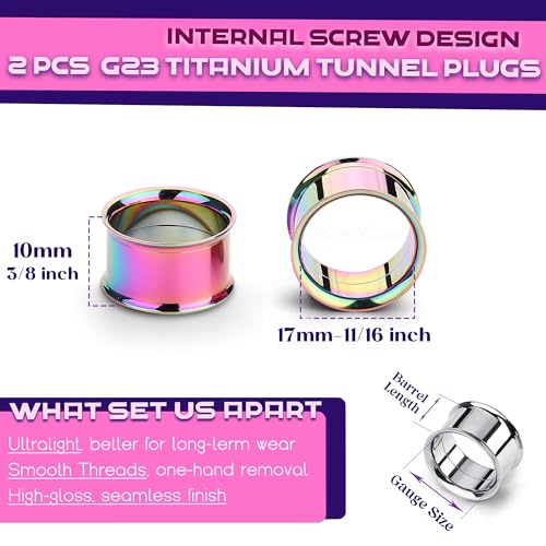 2Pcs G23 Titanium Double Flared Earrings Internally Threaded Gauges for Ears Weights Eyelet Tunnel Plug Stretching Kit From 3mm to 25mm Women Men - color: Rainbow, size: 17mm