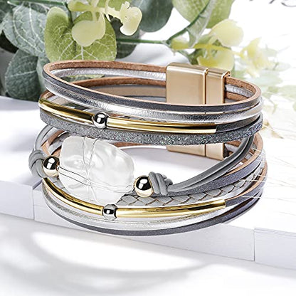 Fesciory Leather Wrap Bracelets for Women, Boho Western Layered Jewelry | Layered leather cuff bracelets, Easy on and off, Boho western style, Daily wear, Gift for women - color: Gray 2