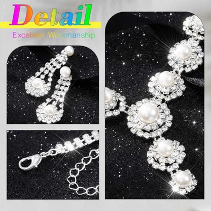 Nicute Pearl Jewelry Set Sparkly Rhinestone Necklace Earrings Sets Prom Costume Bridal Jewelry Set for Women - color: Silver