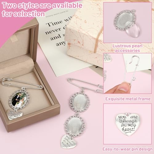 TIESOME 2 Pcs Bouquet Photo Charm, Wedding Memorial Pins DIY Kit | Oval Glass Cabochons with Lacy Frame and Heart Pendant, Keepsake for Bride, Funeral or Memory Bouquet (2 Styles)