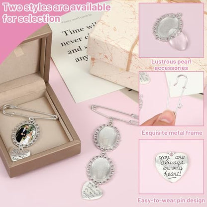 TIESOME 2 Pcs Bouquet Photo Charm, Wedding Memorial Pins DIY Kit | Oval Glass Cabochons with Lacy Frame and Heart Pendant, Keepsake for Bride, Funeral or Memory Bouquet (2 Styles)