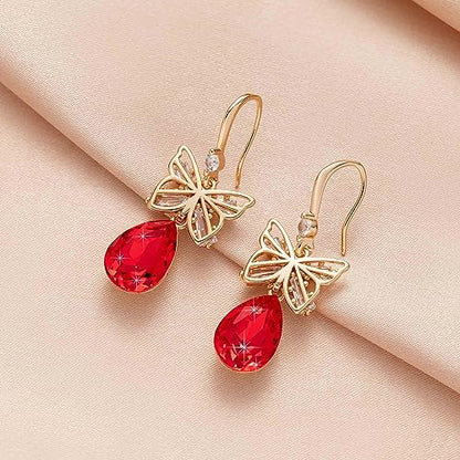 Austrian Crystal Teardrop Butterfly Drop Dangle Earrings for Women 14K Rose Gold Plated Hypoallergenic Jewelry - color: Red