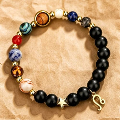 Solar System Planet Bead Zodiac Sign Stretch Bracelet for Men Women | Matte black beads with solar system planet stones, unisex design, perfect birthday holiday gift for men women - color: Leo